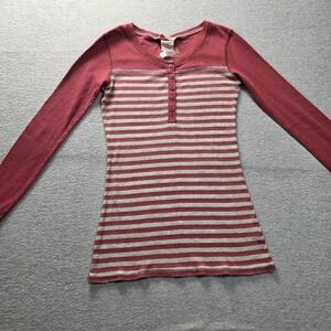 Unionbay Womens Waffle Knit Henley Top Burgundy Striped Thermal Long Sleeve M